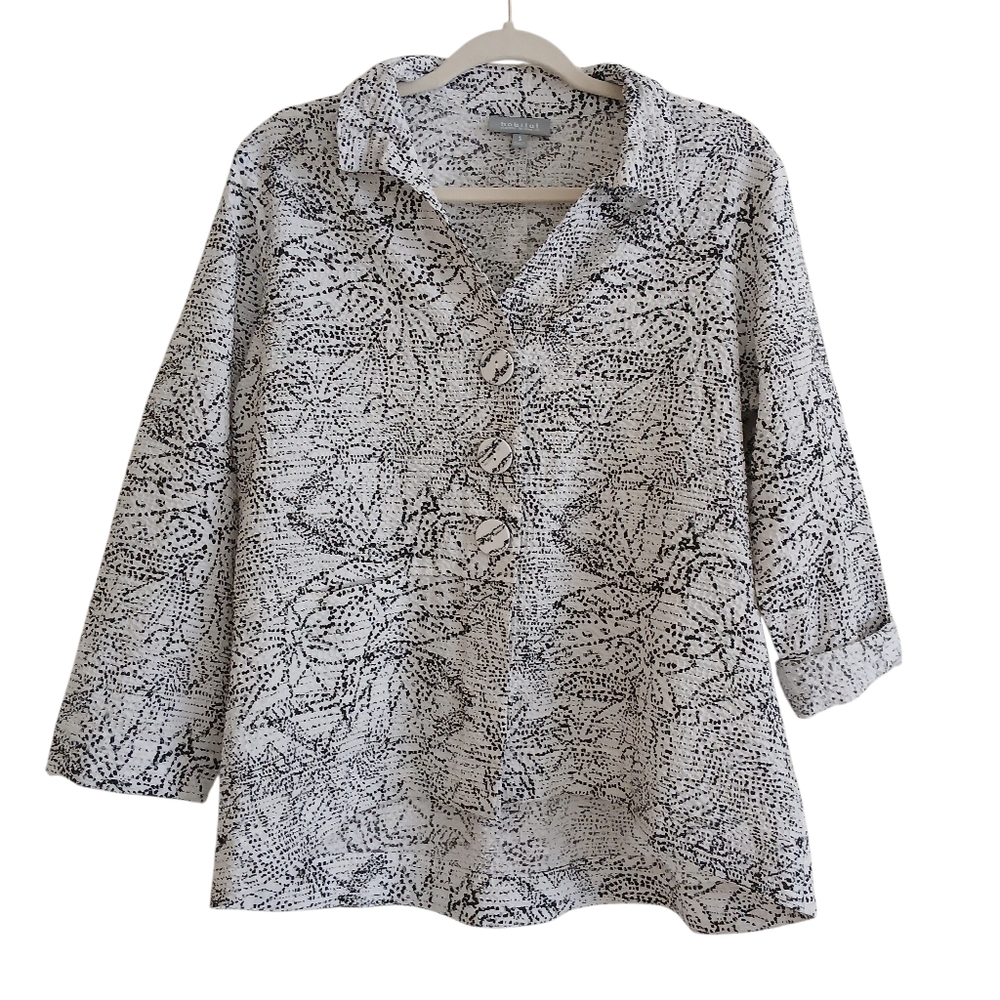 HABITAT Textured Lagenlook Tunic Women's S White Black Large Button Art Relaxed